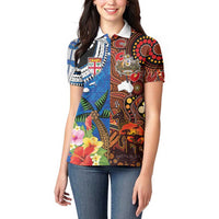 Fiji and Australia Together Women Polo Shirt Fijian Tapa Plants with Kangaroo and Aboriginal - Polynesian Pride