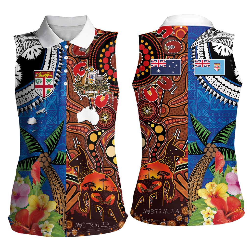 Fiji and Australia Together Women Sleeveless Polo Shirt Fijian Tapa Plants with Kangaroo and Aboriginal - Polynesian Pride