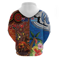 Fiji and Australia Together Zip Hoodie Fijian Tapa Plants with Kangaroo and Aboriginal - Polynesian Pride