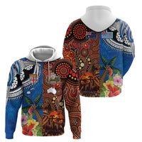 Fiji and Australia Together Zip Hoodie Fijian Tapa Plants with Kangaroo and Aboriginal - Polynesian Pride