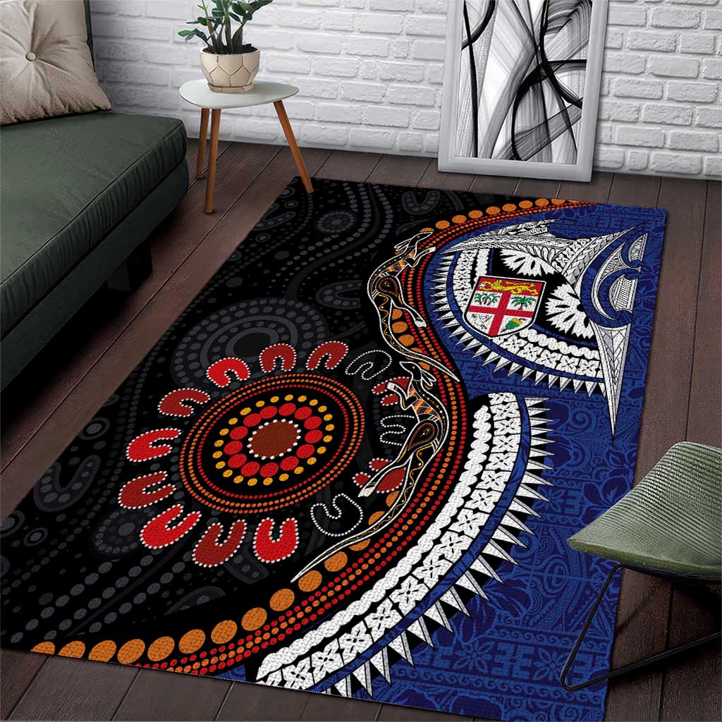 Fiji and Australia Together Area Rug Kangaroo Aboriginal with Tribal Tapa Hibiscus Half Style - Polynesian Pride