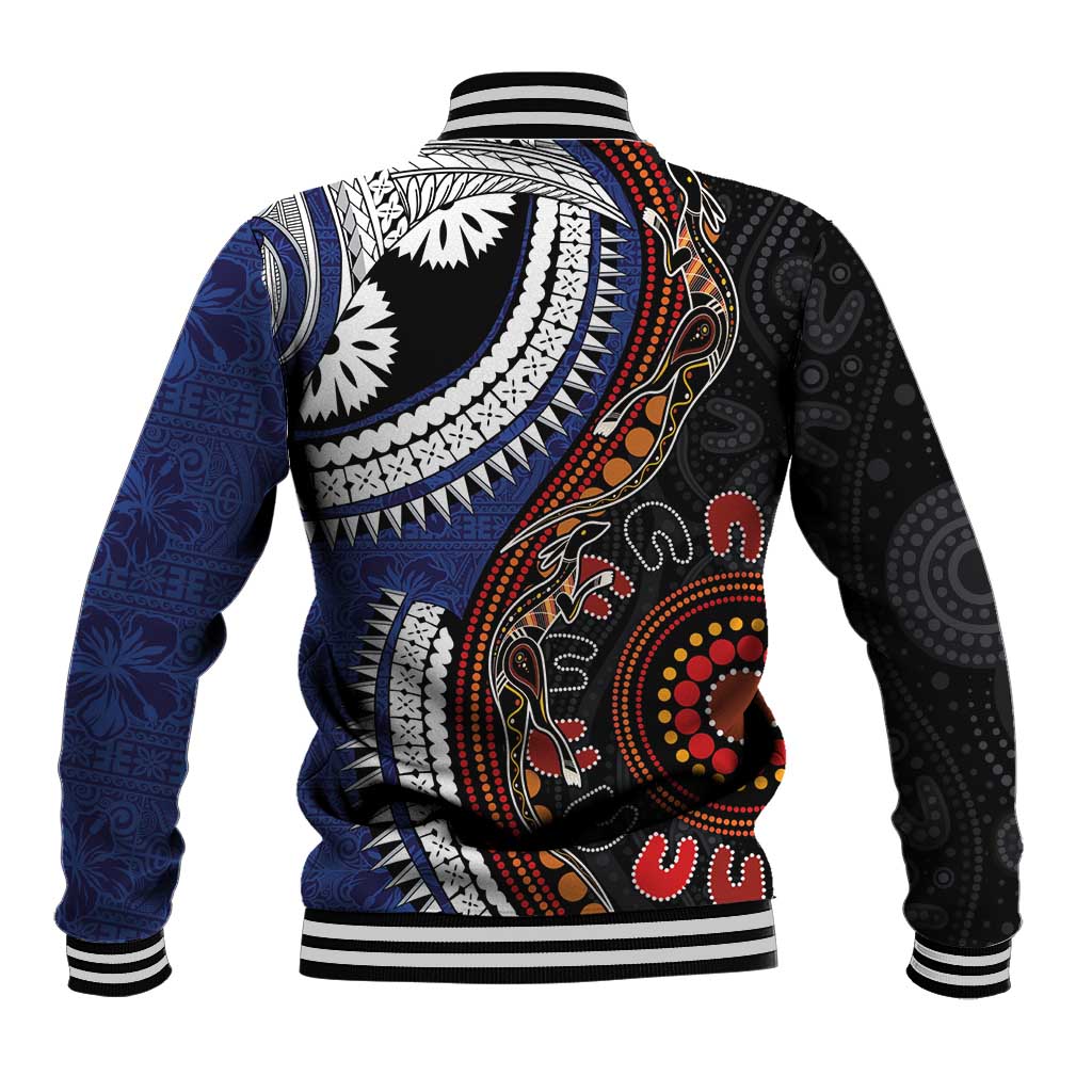 Fiji and Australia Together Baseball Jacket Kangaroo Aboriginal with Tribal Tapa Hibiscus Half Style - Polynesian Pride