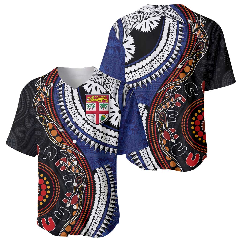 Fiji and Australia Together Baseball Jersey Kangaroo Aboriginal with Tribal Tapa Hibiscus Half Style - Polynesian Pride