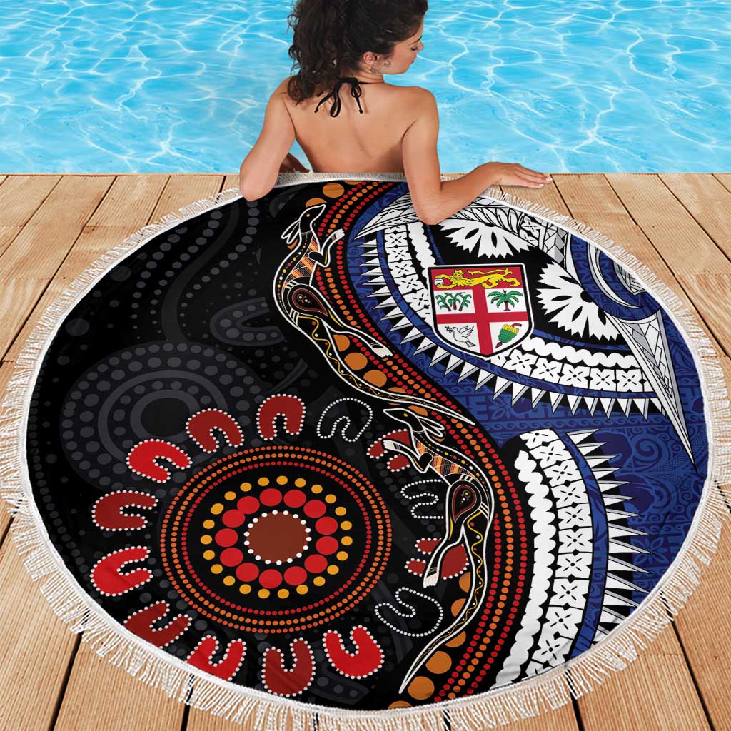 Fiji and Australia Together Beach Blanket Kangaroo Aboriginal with Tribal Tapa Hibiscus Half Style - Polynesian Pride