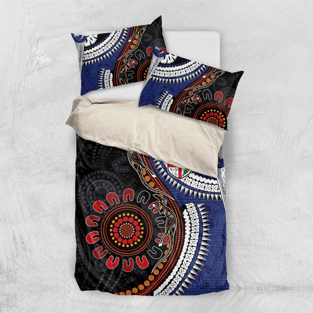 Fiji and Australia Together Bedding Set Kangaroo Aboriginal with Tribal Tapa Hibiscus Half Style - Polynesian Pride
