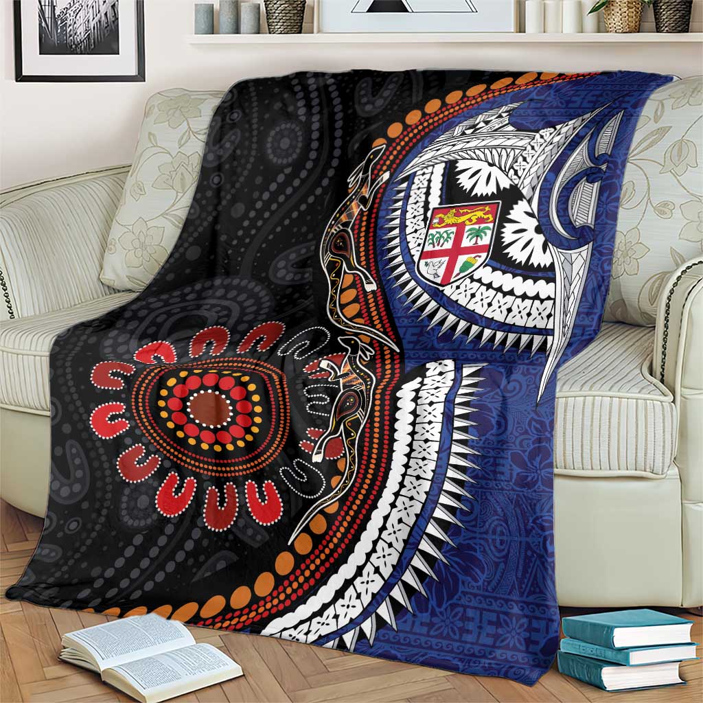 Fiji and Australia Together Blanket Kangaroo Aboriginal with Tribal Tapa Hibiscus Half Style - Polynesian Pride