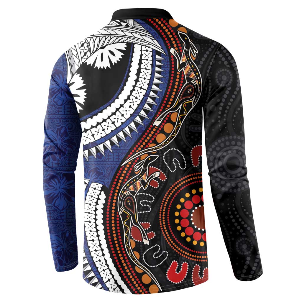 Fiji and Australia Together Button Sweatshirt Kangaroo Aboriginal with Tribal Tapa Hibiscus Half Style - Polynesian Pride