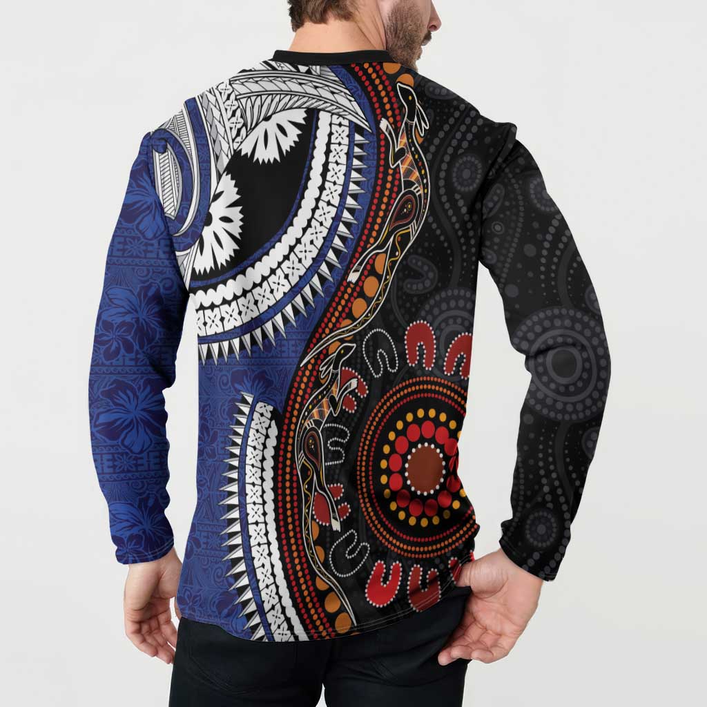 Fiji and Australia Together Button Sweatshirt Kangaroo Aboriginal with Tribal Tapa Hibiscus Half Style - Polynesian Pride