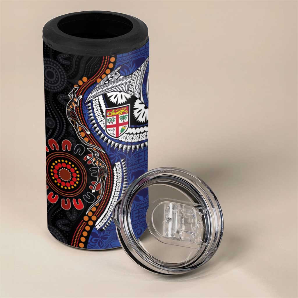 Fiji and Australia Together 4 in 1 Can Cooler Tumbler Kangaroo Aboriginal with Tribal Tapa Hibiscus Half Style - Polynesian Pride