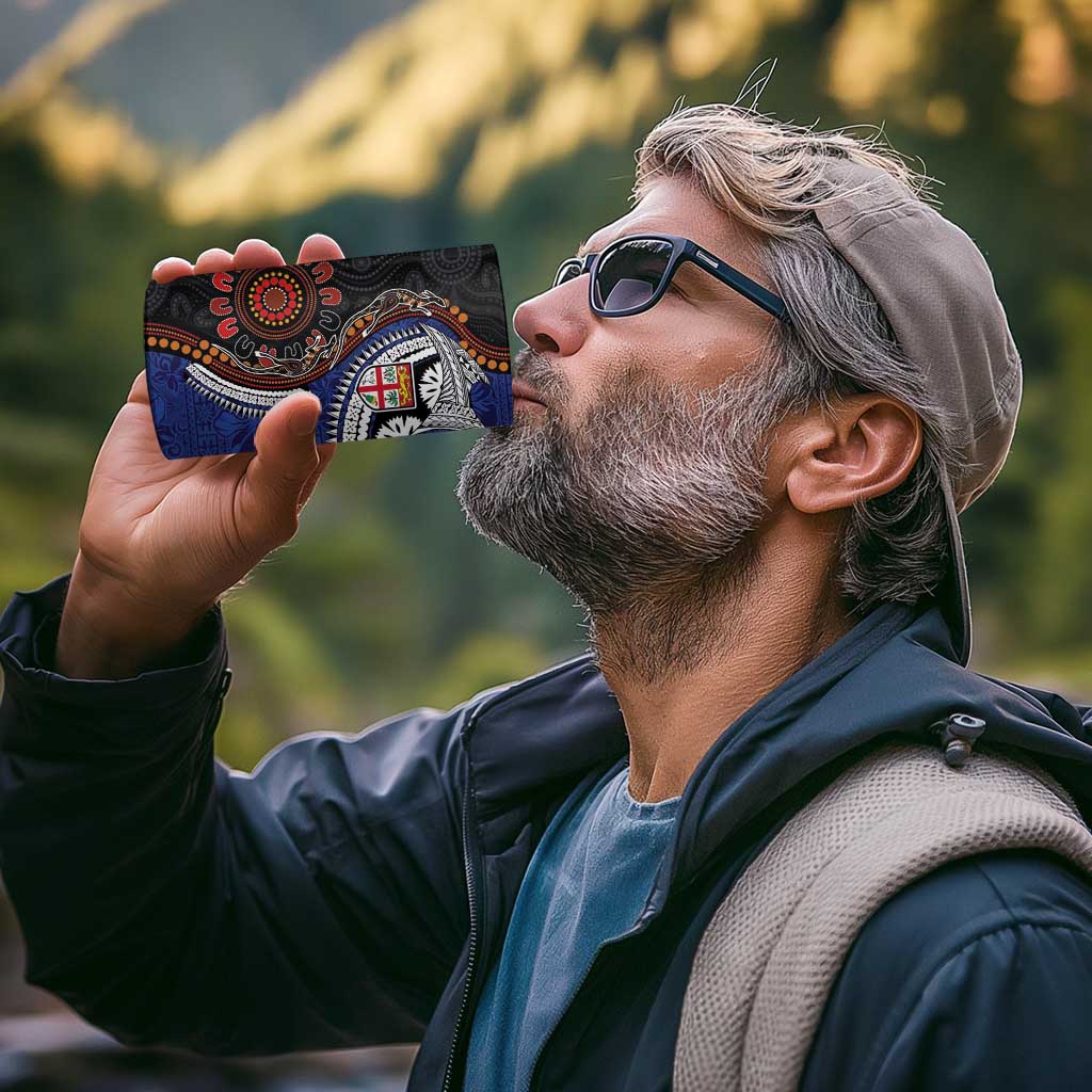 Fiji and Australia Together 4 in 1 Can Cooler Tumbler Kangaroo Aboriginal with Tribal Tapa Hibiscus Half Style - Polynesian Pride