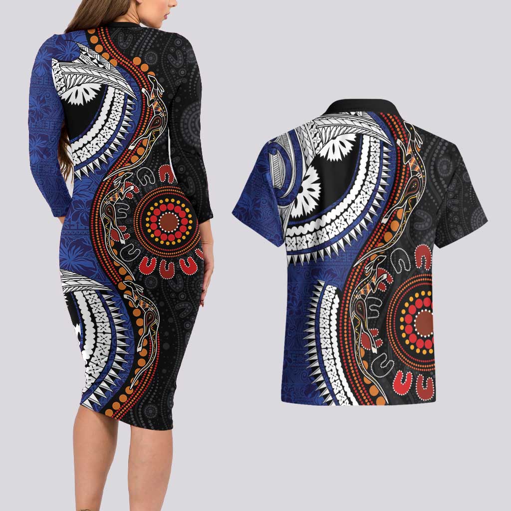 Fiji and Australia Together Couples Matching Long Sleeve Bodycon Dress and Hawaiian Shirt Kangaroo Aboriginal with Tribal Tapa Hibiscus Half Style - Polynesian Pride