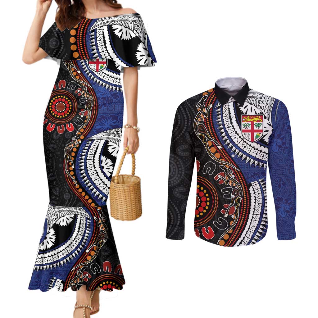 Fiji and Australia Together Couples Matching Mermaid Dress and Long Sleeve Button Shirt Kangaroo Aboriginal with Tribal Tapa Hibiscus Half Style - Polynesian Pride