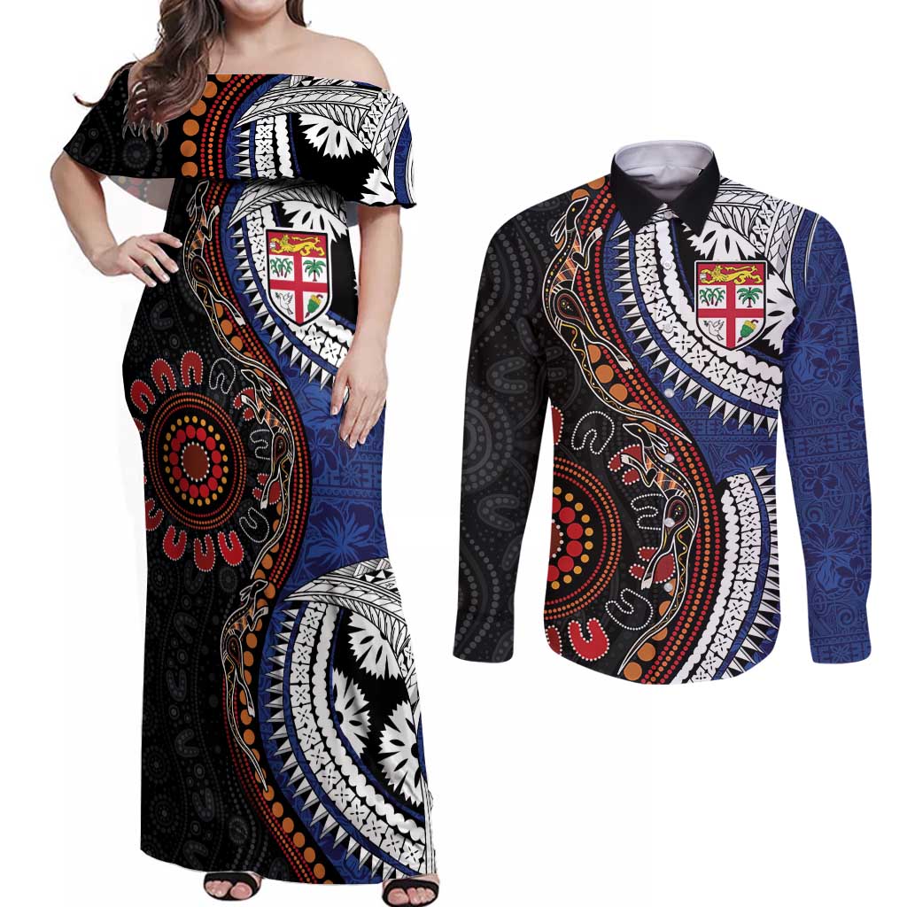 Fiji and Australia Together Couples Matching Off Shoulder Maxi Dress and Long Sleeve Button Shirt Kangaroo Aboriginal with Tribal Tapa Hibiscus Half Style - Polynesian Pride