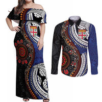 Fiji and Australia Together Couples Matching Off Shoulder Maxi Dress and Long Sleeve Button Shirt Kangaroo Aboriginal with Tribal Tapa Hibiscus Half Style - Polynesian Pride
