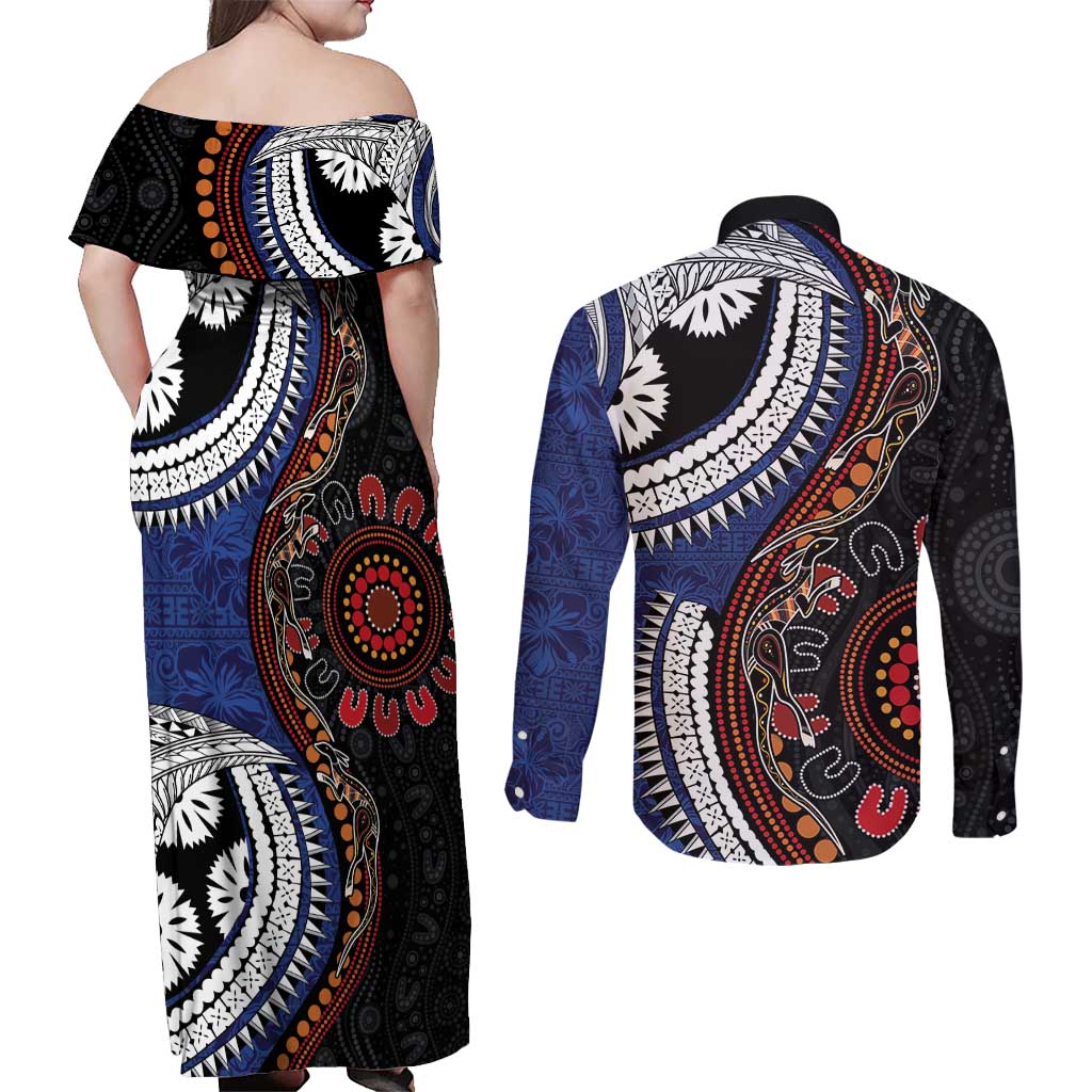 Fiji and Australia Together Couples Matching Off Shoulder Maxi Dress and Long Sleeve Button Shirt Kangaroo Aboriginal with Tribal Tapa Hibiscus Half Style - Polynesian Pride