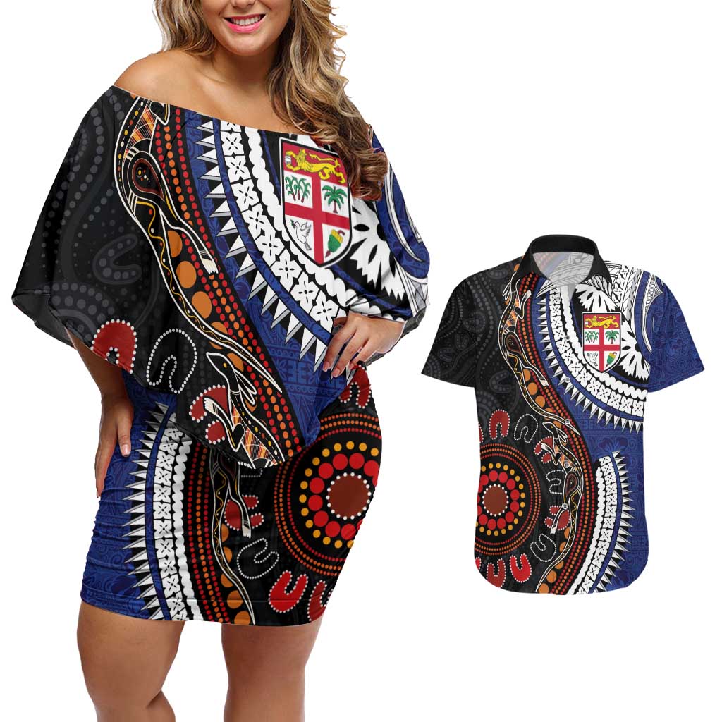 Fiji and Australia Together Couples Matching Off Shoulder Short Dress and Hawaiian Shirt Kangaroo Aboriginal with Tribal Tapa Hibiscus Half Style - Polynesian Pride