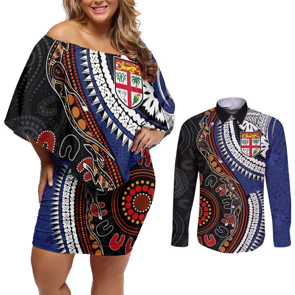 Fiji and Australia Together Couples Matching Off Shoulder Short Dress and Long Sleeve Button Shirt Kangaroo Aboriginal with Tribal Tapa Hibiscus Half Style - Polynesian Pride
