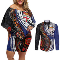 Fiji and Australia Together Couples Matching Off Shoulder Short Dress and Long Sleeve Button Shirt Kangaroo Aboriginal with Tribal Tapa Hibiscus Half Style - Polynesian Pride