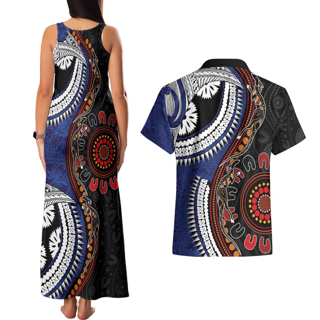 Fiji and Australia Together Couples Matching Tank Maxi Dress and Hawaiian Shirt Kangaroo Aboriginal with Tribal Tapa Hibiscus Half Style - Polynesian Pride