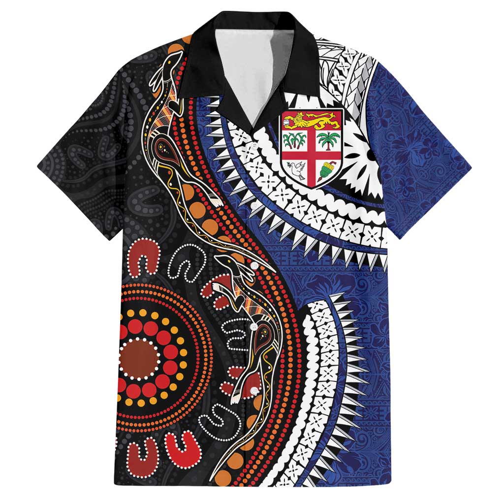 Fiji and Australia Together Family Matching Long Sleeve Bodycon Dress and Hawaiian Shirt Kangaroo Aboriginal with Tribal Tapa Hibiscus Half Style - Polynesian Pride