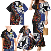 Fiji and Australia Together Family Matching Mermaid Dress and Hawaiian Shirt Kangaroo Aboriginal with Tribal Tapa Hibiscus Half Style - Polynesian Pride