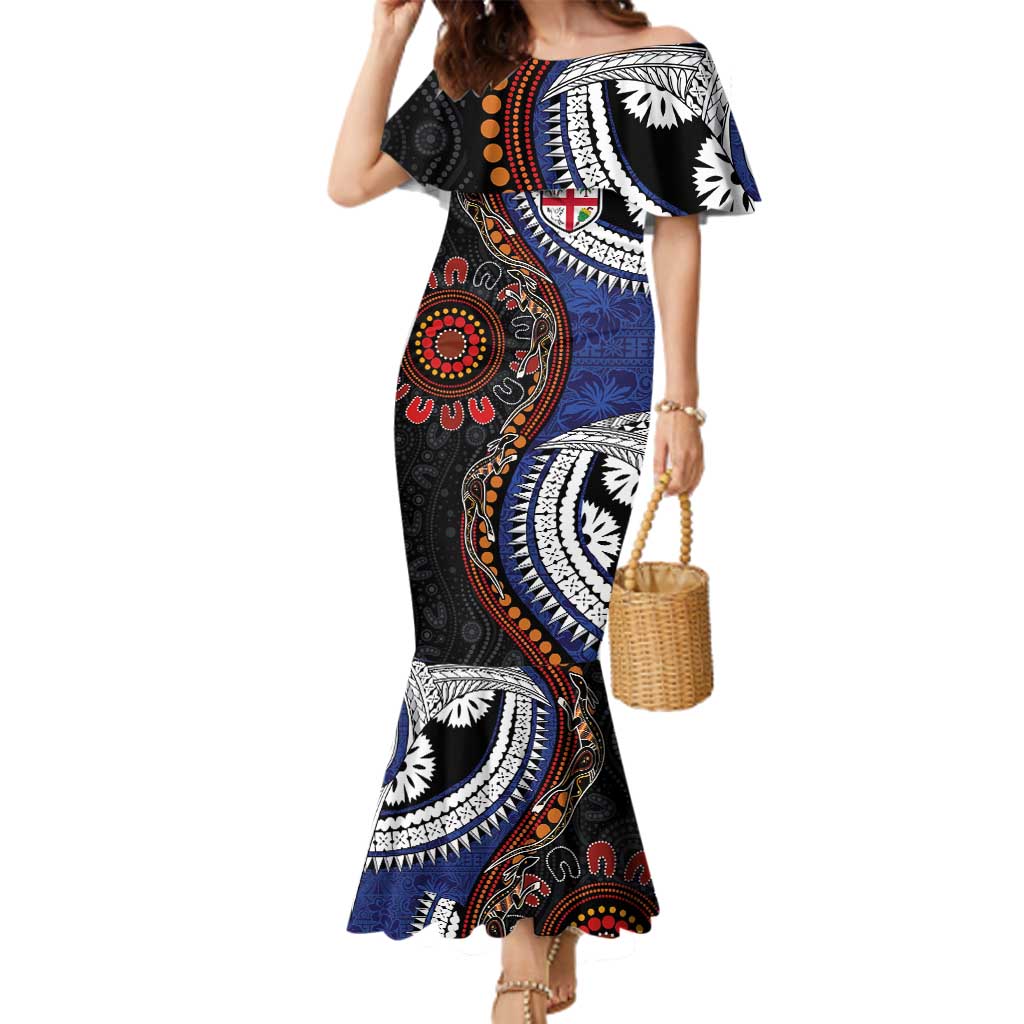 Fiji and Australia Together Family Matching Mermaid Dress and Hawaiian Shirt Kangaroo Aboriginal with Tribal Tapa Hibiscus Half Style - Polynesian Pride
