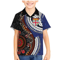 Fiji and Australia Together Family Matching Mermaid Dress and Hawaiian Shirt Kangaroo Aboriginal with Tribal Tapa Hibiscus Half Style - Polynesian Pride