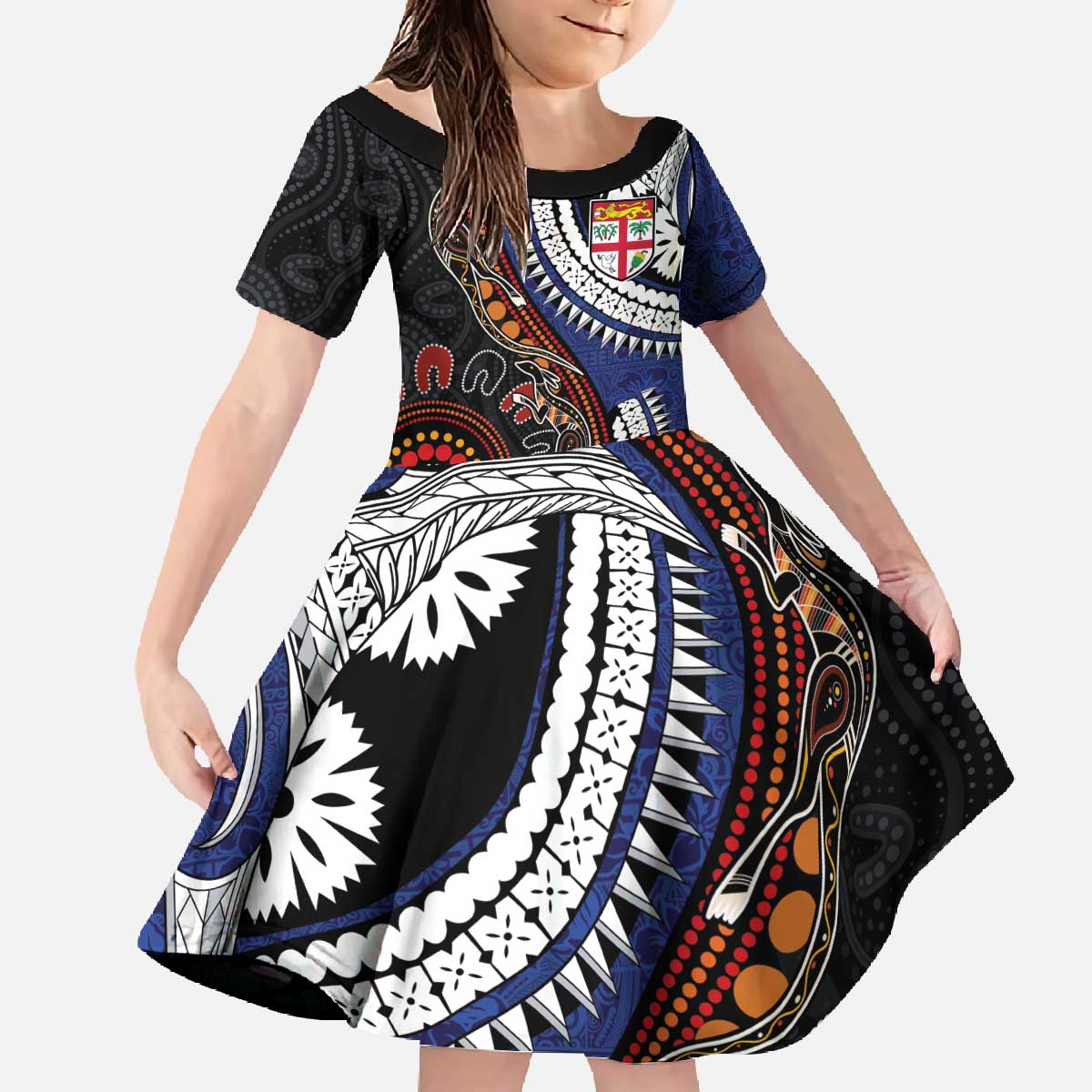 Fiji and Australia Together Family Matching Off The Shoulder Long Sleeve Dress and Hawaiian Shirt Kangaroo Aboriginal with Tribal Tapa Hibiscus Half Style - Polynesian Pride