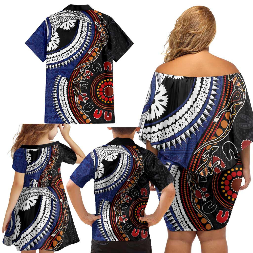 Fiji and Australia Together Family Matching Off Shoulder Short Dress and Hawaiian Shirt Kangaroo Aboriginal with Tribal Tapa Hibiscus Half Style - Polynesian Pride