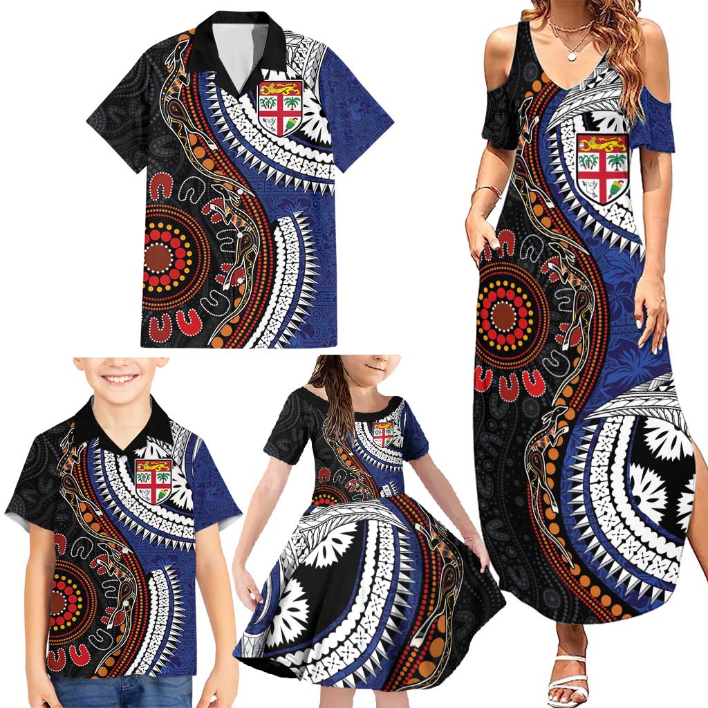 Fiji and Australia Together Family Matching Summer Maxi Dress and Hawaiian Shirt Kangaroo Aboriginal with Tribal Tapa Hibiscus Half Style - Polynesian Pride