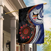 Fiji and Australia Together Garden Flag Kangaroo Aboriginal with Tribal Tapa Hibiscus Half Style - Polynesian Pride