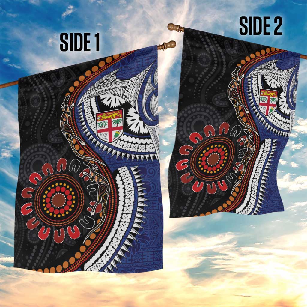 Fiji and Australia Together Garden Flag Kangaroo Aboriginal with Tribal Tapa Hibiscus Half Style - Polynesian Pride