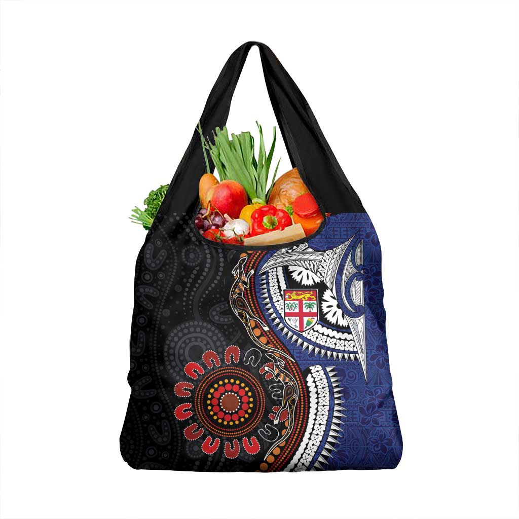 Fiji and Australia Together Grocery Bag Kangaroo Aboriginal with Tribal Tapa Hibiscus Half Style - Polynesian Pride