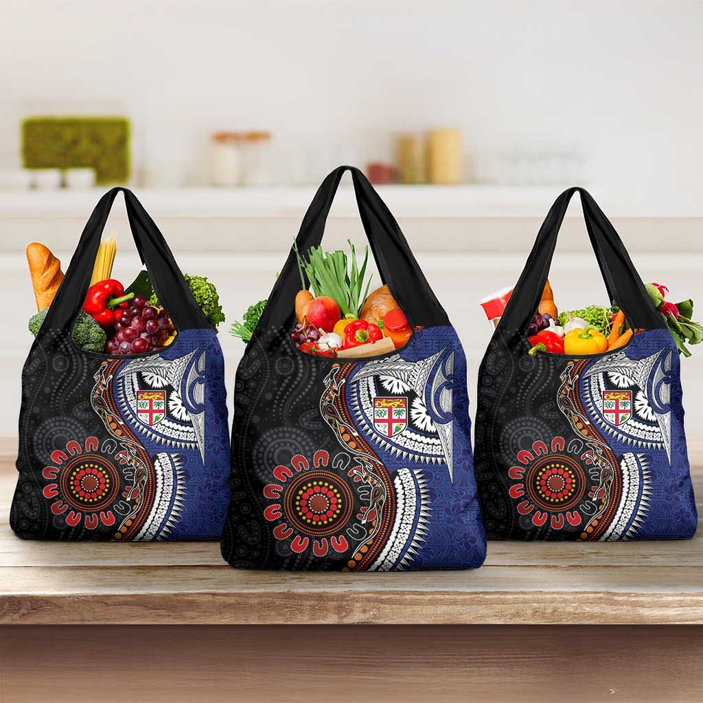 Fiji and Australia Together Grocery Bag Kangaroo Aboriginal with Tribal Tapa Hibiscus Half Style - Polynesian Pride