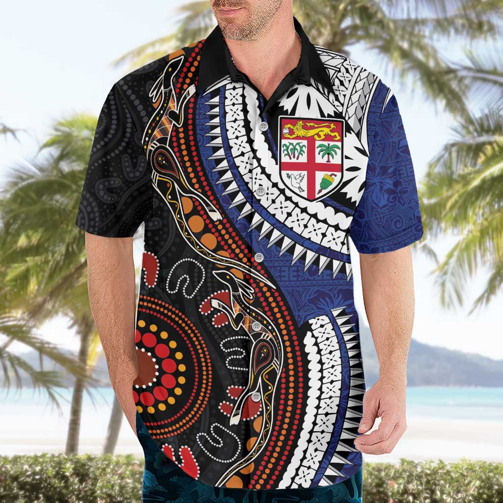 Fiji and Australia Together Hawaiian Shirt Kangaroo Aboriginal with Tribal Tapa Hibiscus Half Style - Polynesian Pride