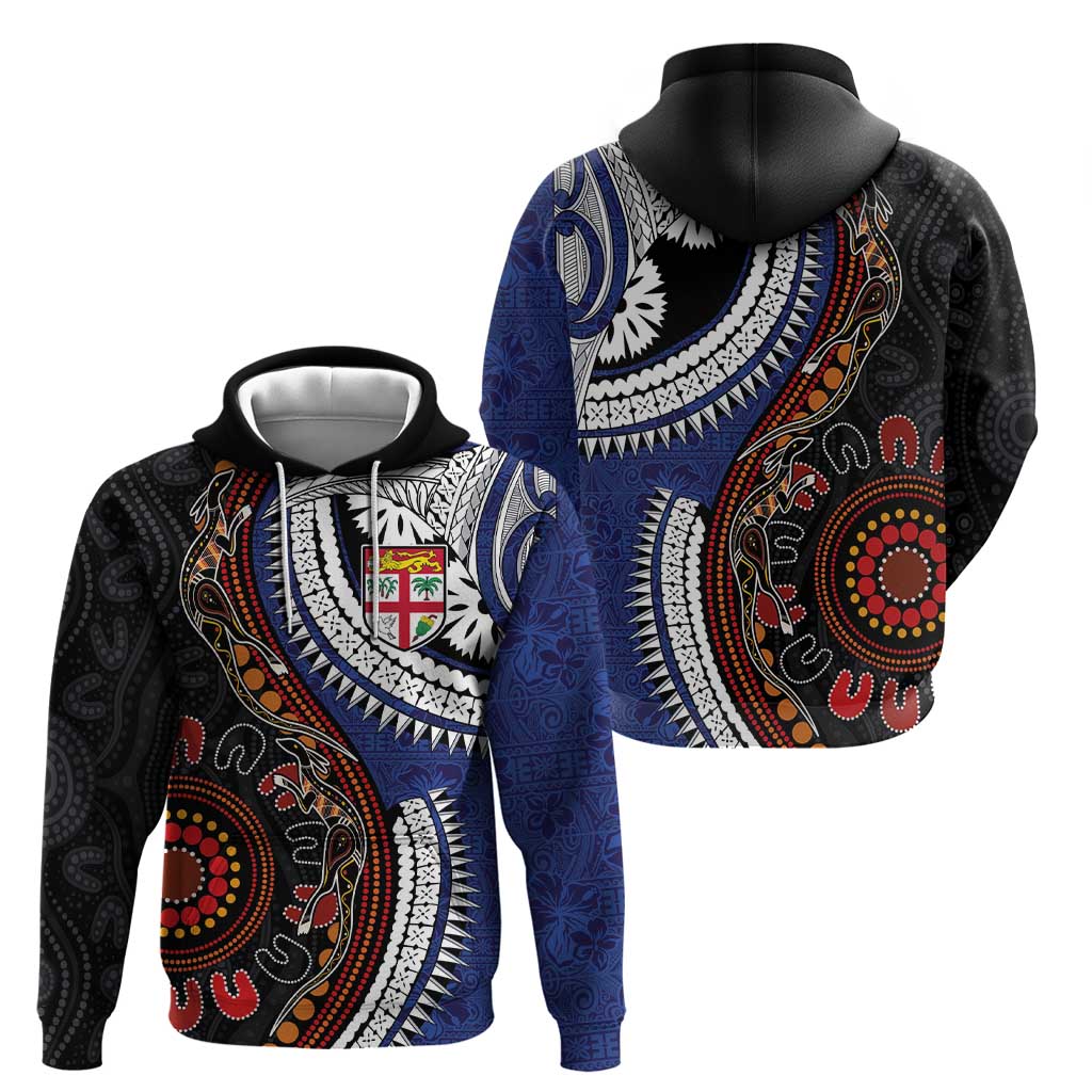 Fiji and Australia Together Hoodie Kangaroo Aboriginal with Tribal Tapa Hibiscus Half Style - Polynesian Pride