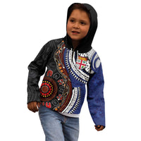 Fiji and Australia Together Kid Hoodie Kangaroo Aboriginal with Tribal Tapa Hibiscus Half Style - Polynesian Pride