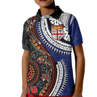 Fiji and Australia Together Kid Polo Shirt Kangaroo Aboriginal with Tribal Tapa Hibiscus Half Style - Polynesian Pride
