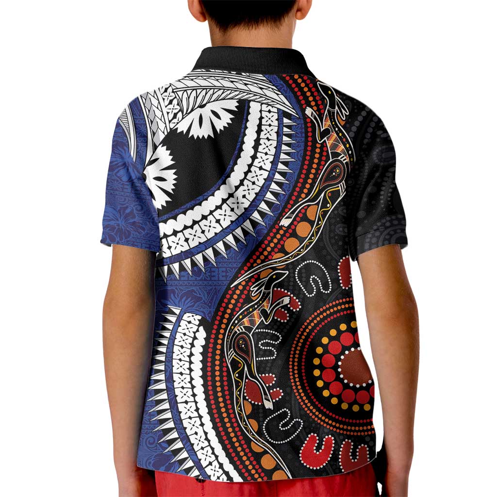 Fiji and Australia Together Kid Polo Shirt Kangaroo Aboriginal with Tribal Tapa Hibiscus Half Style - Polynesian Pride