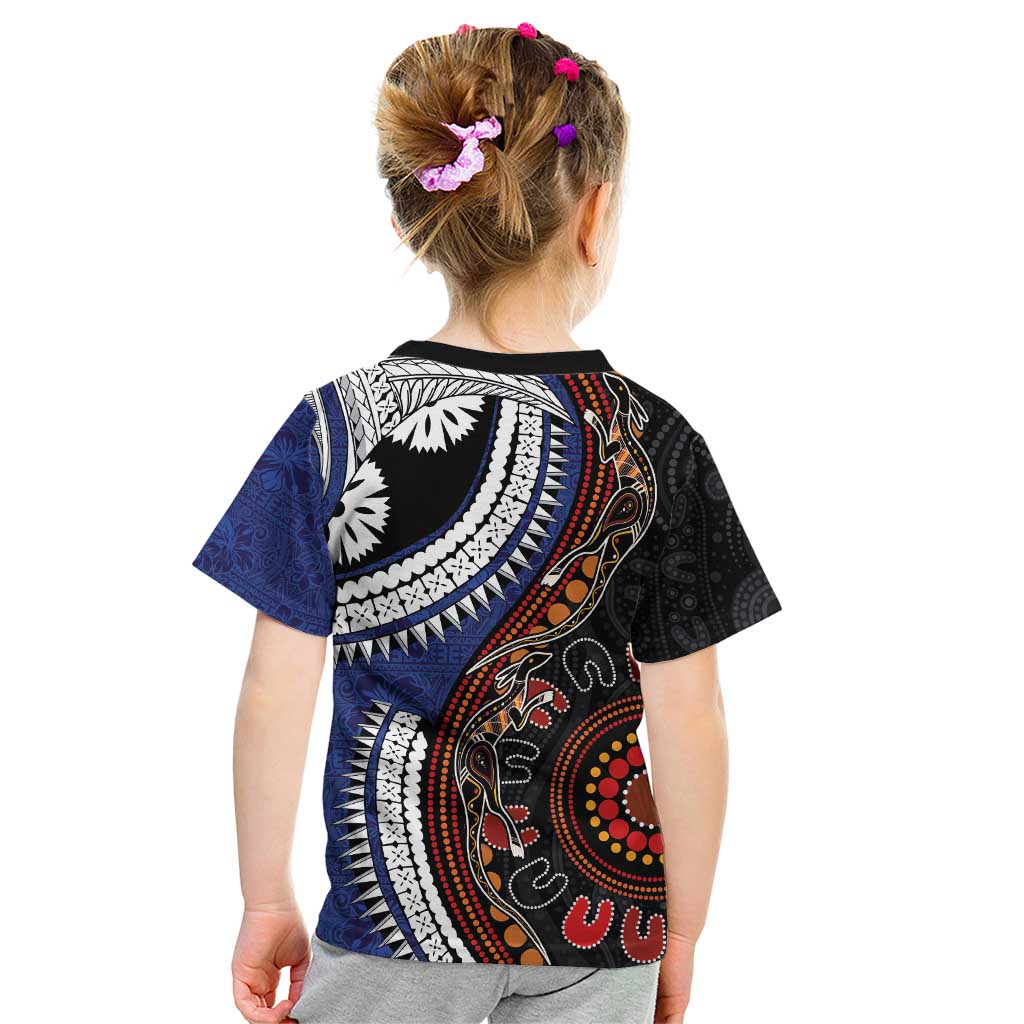 Fiji and Australia Together Kid T Shirt Kangaroo Aboriginal with Tribal Tapa Hibiscus Half Style - Polynesian Pride