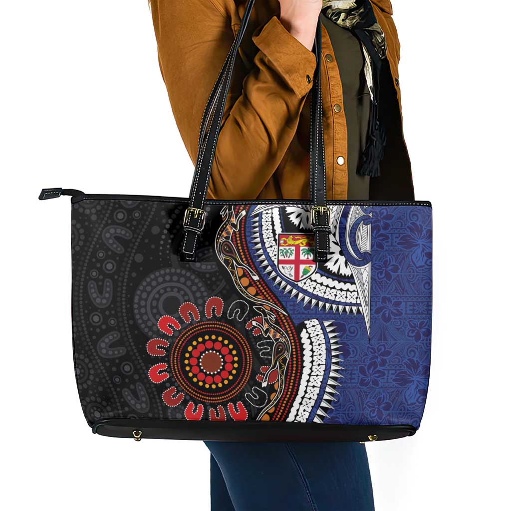 Fiji and Australia Together Leather Tote Bag Kangaroo Aboriginal with Tribal Tapa Hibiscus Half Style - Polynesian Pride