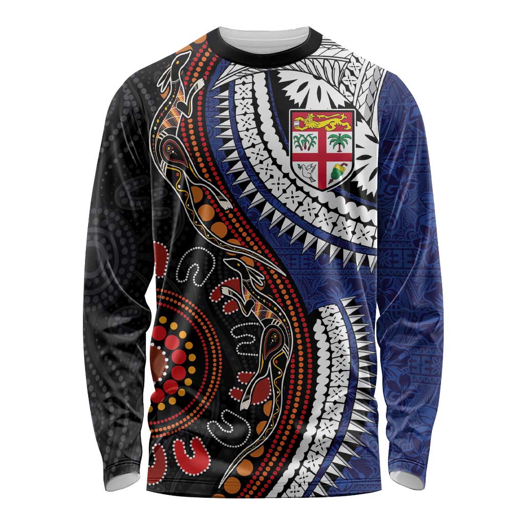 Fiji and Australia Together Long Sleeve Shirt Kangaroo Aboriginal with Tribal Tapa Hibiscus Half Style LT03 Unisex Black - Polynesian Pride