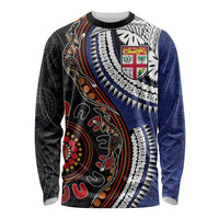 Fiji and Australia Together Long Sleeve Shirt Kangaroo Aboriginal with Tribal Tapa Hibiscus Half Style LT03 Unisex Black - Polynesian Pride