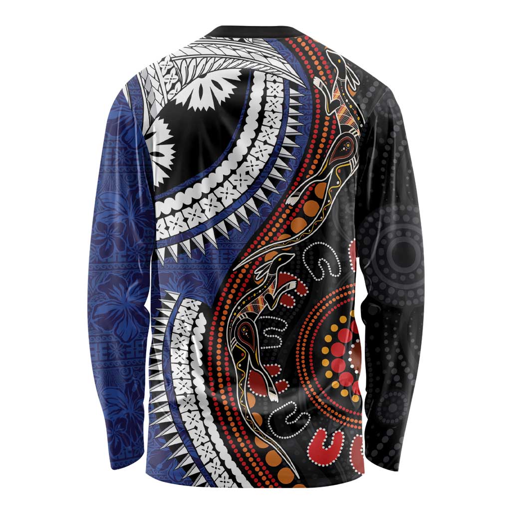 Fiji and Australia Together Long Sleeve Shirt Kangaroo Aboriginal with Tribal Tapa Hibiscus Half Style LT03 - Polynesian Pride