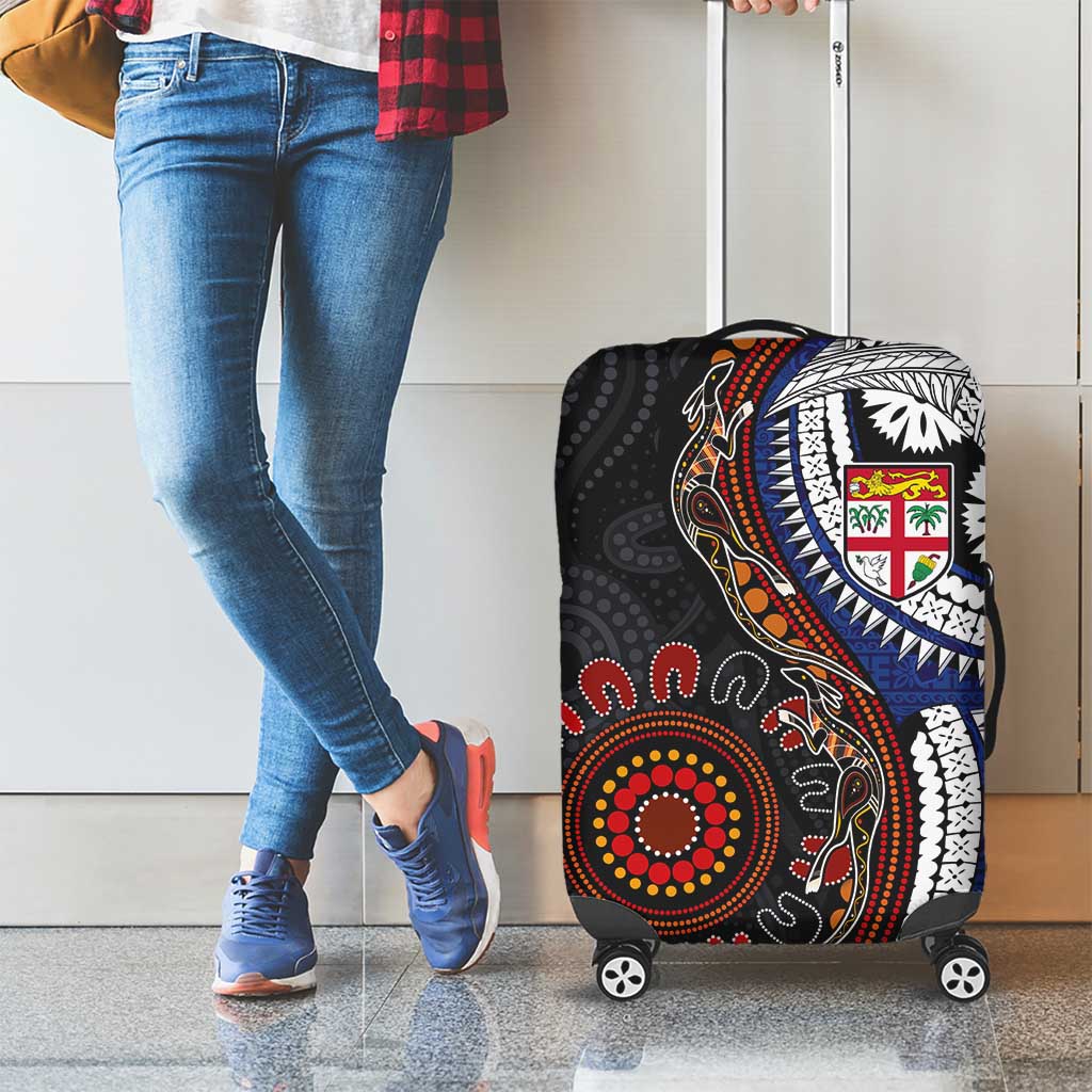 Fiji and Australia Together Luggage Cover Kangaroo Aboriginal with Tribal Tapa Hibiscus Half Style - Polynesian Pride