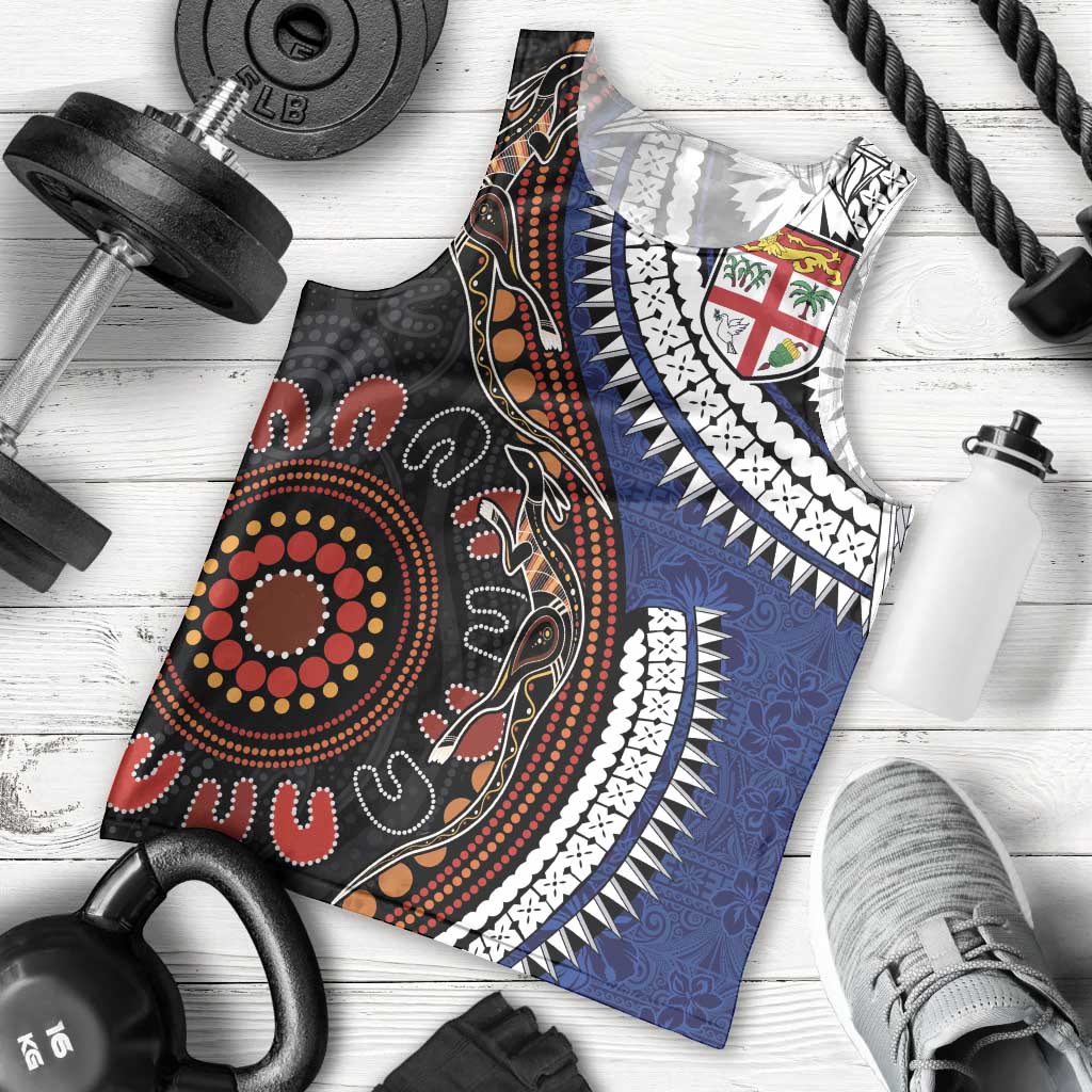 Fiji and Australia Together Men Tank Top Kangaroo Aboriginal with Tribal Tapa Hibiscus Half Style - Polynesian Pride