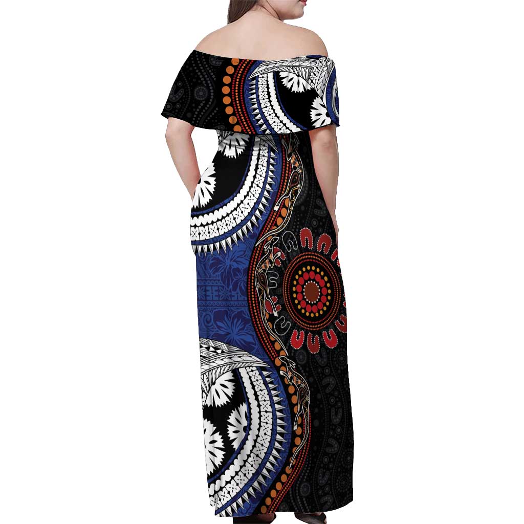 Fiji and Australia Together Off Shoulder Maxi Dress Kangaroo Aboriginal with Tribal Tapa Hibiscus Half Style - Polynesian Pride