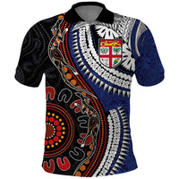 Fiji and Australia Together Polo Shirt Kangaroo Aboriginal with Tribal Tapa Hibiscus Half Style - Polynesian Pride