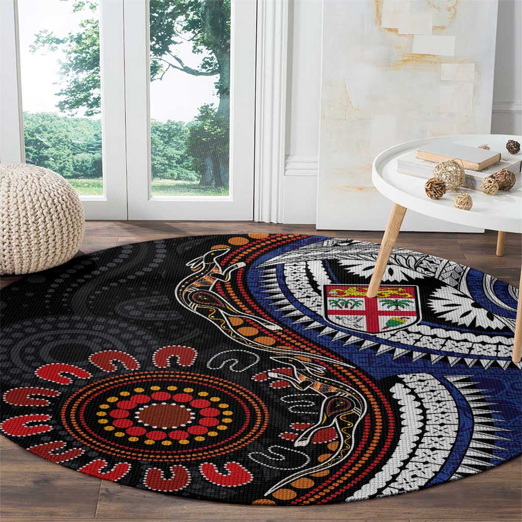 Fiji and Australia Together Round Carpet Kangaroo Aboriginal with Tribal Tapa Hibiscus Half Style - Polynesian Pride