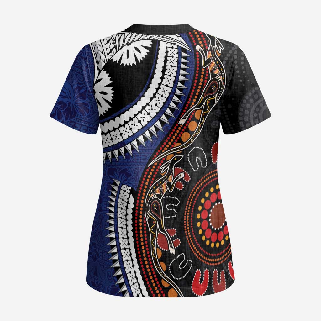 Fiji and Australia Together Scrub Top Kangaroo Aboriginal with Tribal Tapa Hibiscus Half Style - Polynesian Pride